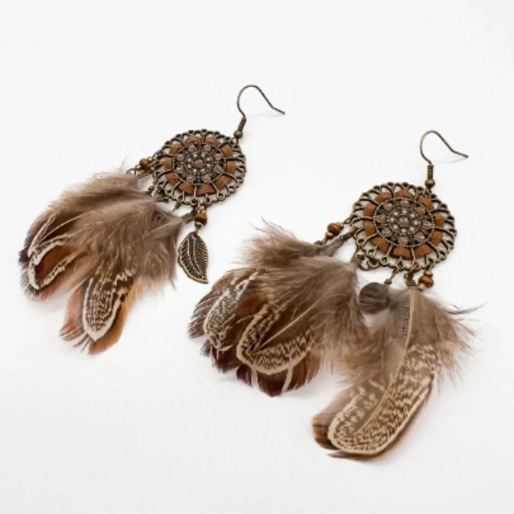 Boho Feather Dreamcatcher Dangle Statement Earrings - Picture 3 of 8